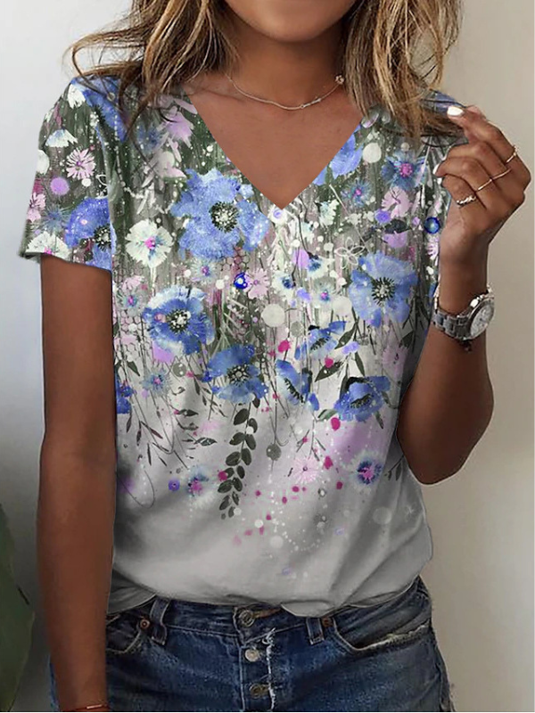 Women's 2024 Sring Floral Print V Neck Short Sleeve Tee
