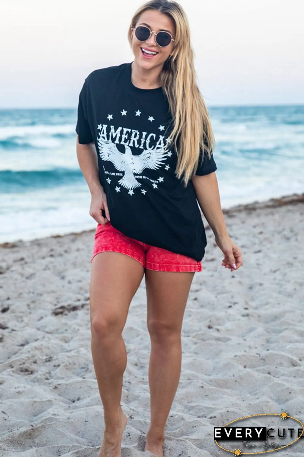 Black AMERICA Eagle Star Graphic Print Short Sleeve T Shirt