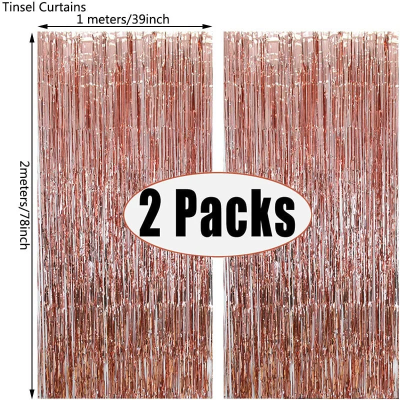 2Pack Metallic Foil Tinsel Fringe Curtain Birthday Wedding Bachelorette Party Decoration Adult Anniversary Photography Backdrop