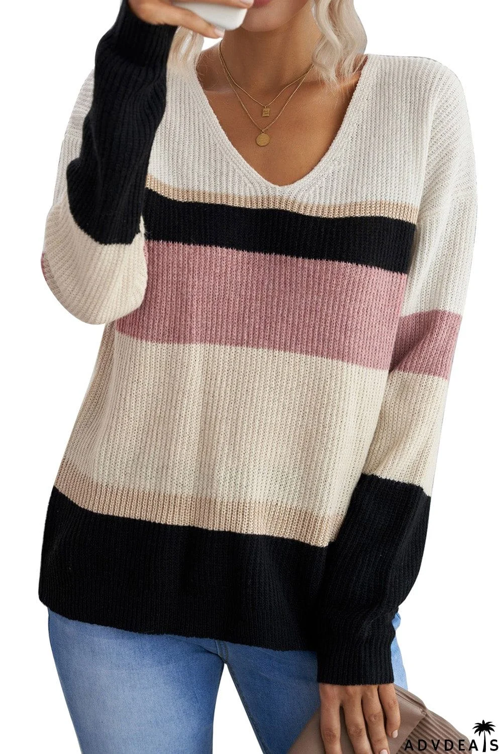 Khaki Colorblock V Neck Ribbed Knitted Sweater