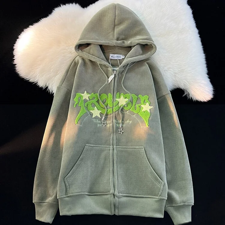 American Men Women's Flocking Jacket Spring Autumn Loose Letter Sweatshirt Couple Coat Unisex High Street Corduroy Zipper Jacket