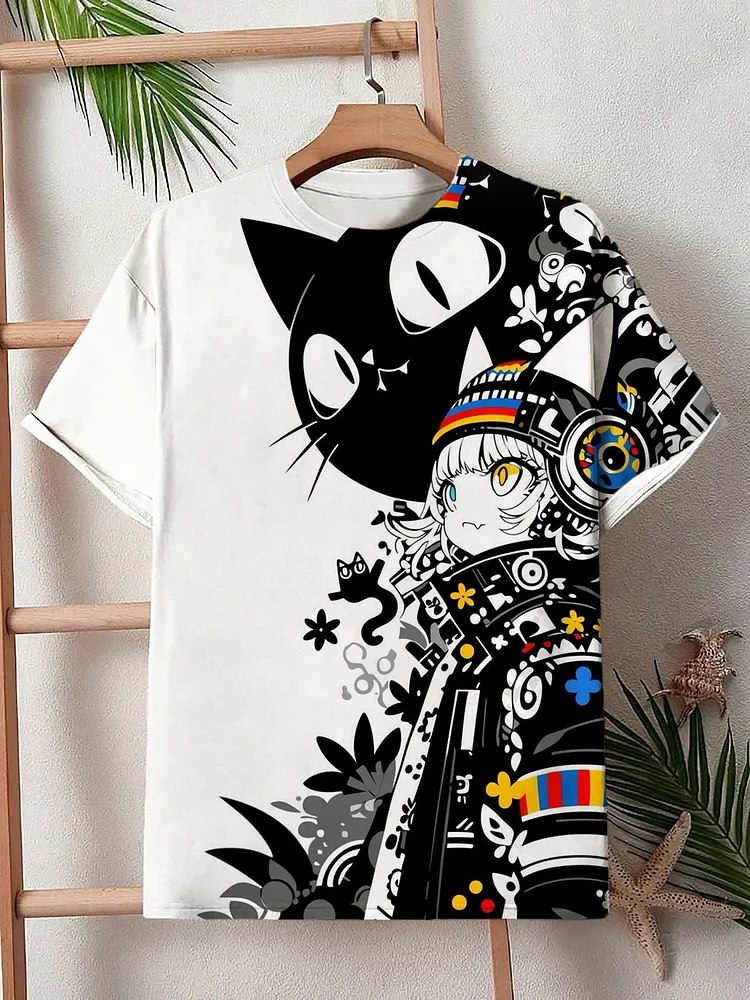 Men's Japanese Cartoon Girl And Black Cat Print T-Shirt