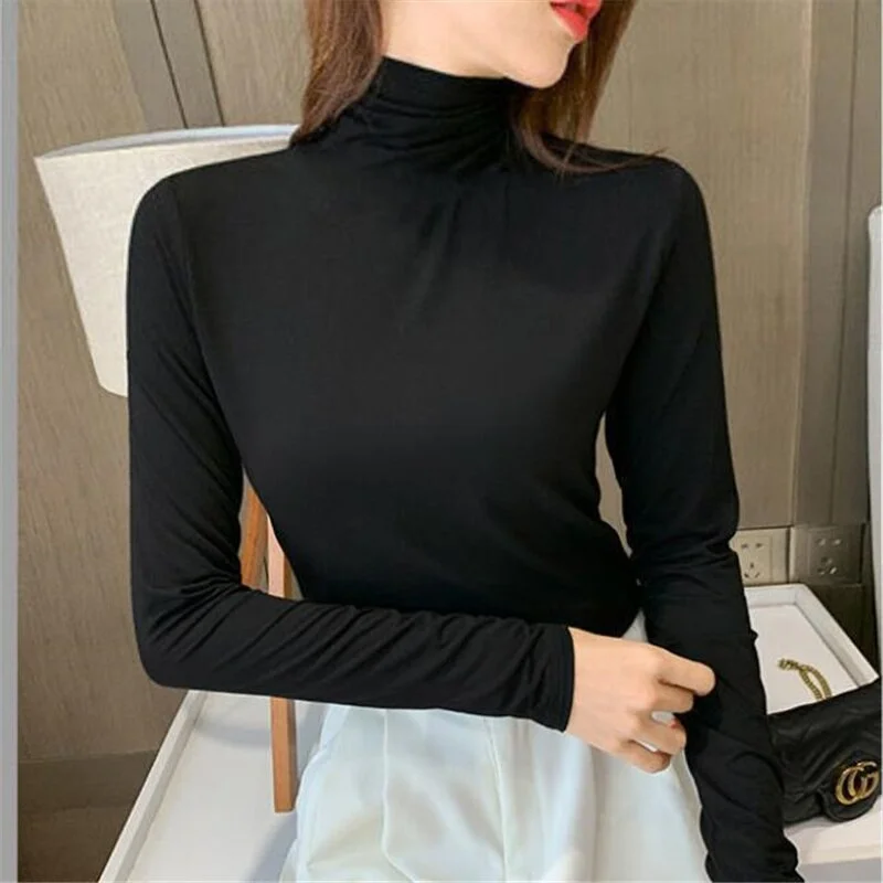 Cotton Turtleneck Tight T-shirt  Women Bottoming Tshirt Long Sleeve Modal Autumn Winter Pullover Soft cozy slim Female Tees Tops