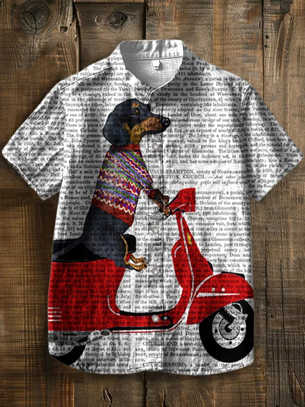Men's Dachshund On Moped Print Short Sleeve Shirt