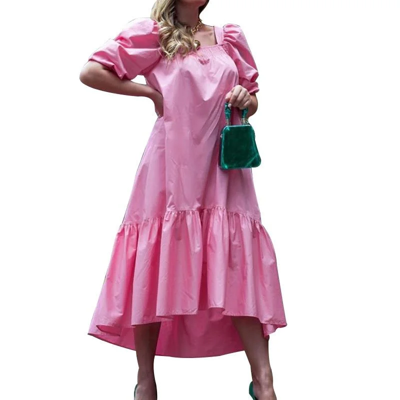 Autumn Fashion Loose Short Puff Sleeve Dress Women's Square Collar Elegant Maxi Dress Ruffle Vacation Dress