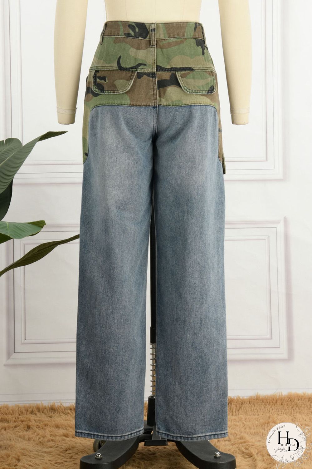 Blue Street Print Camouflage Print Patchwork High Waist Loose Denim Jeans