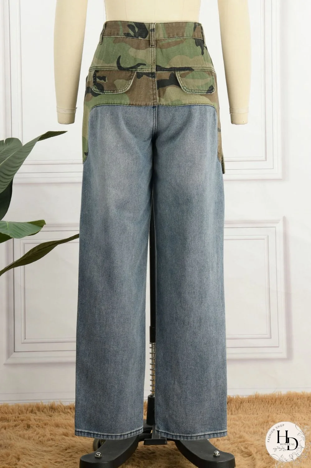 Blue Street Print Camouflage Print Patchwork High Waist Loose Denim Jeans