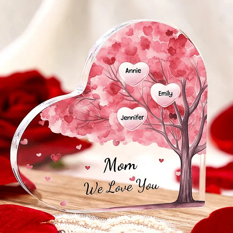 3 Names - Personalized Acrylic Heart Keepsake Custom Text Pink Tree Ornaments Gifts for Grandma/Mother