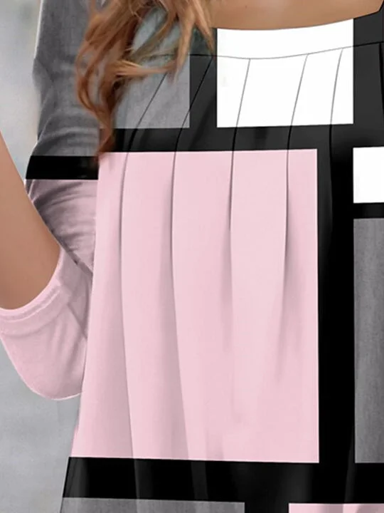 Women Long Sleeve U-neck Plaid Printed Graphic Tops