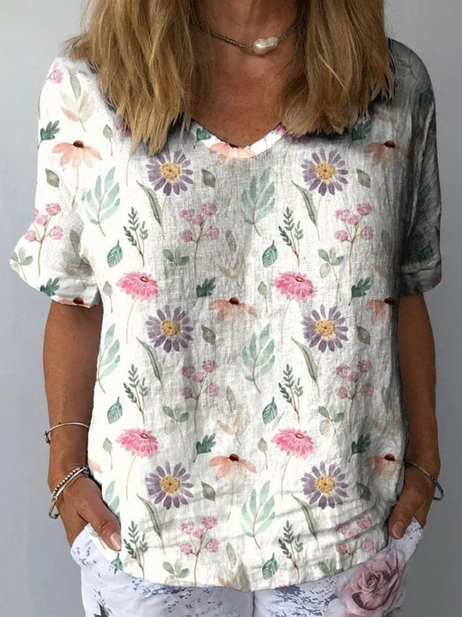 Women's Floral Print Casual Cotton And Linen Top