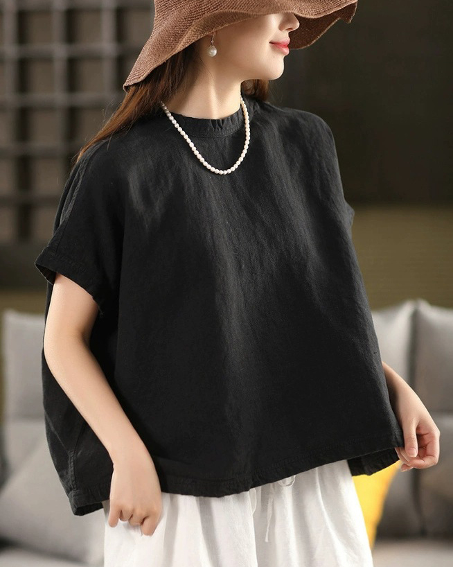 Round Neck Solid Color Loose Short Sleeve Linen Top