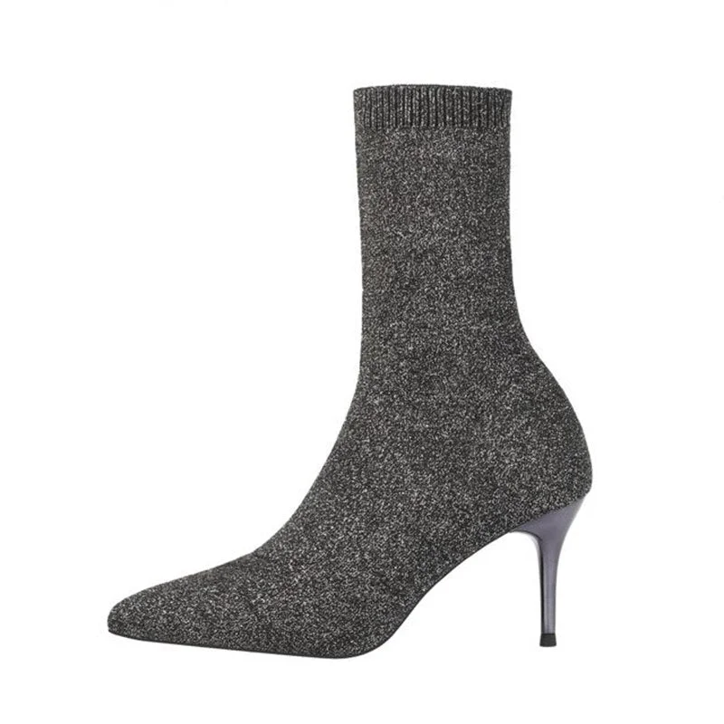 2020 Spring Autumn Sexy Sock Pointed Boots Large Size 42   High Heels for Women Fashion 7cm Glamour Black Ankle Boots  Female