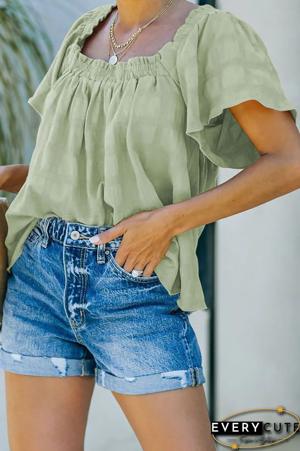 Green Square Neck Jacquard Short Sleeves Top