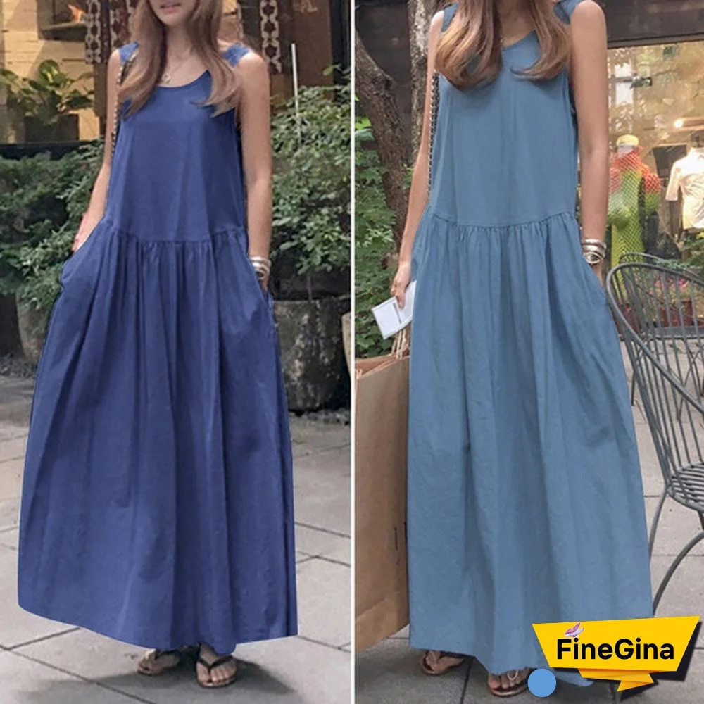 Women Sleeveless Casual Party Holiday Long Shirt Dress O Neck Denim Tank Maxi Sundress