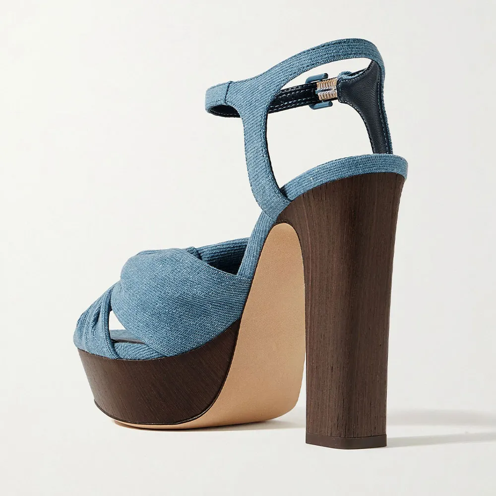 Blue Denim Platform Ankle Strap Women's Heel Sandals with Knot
