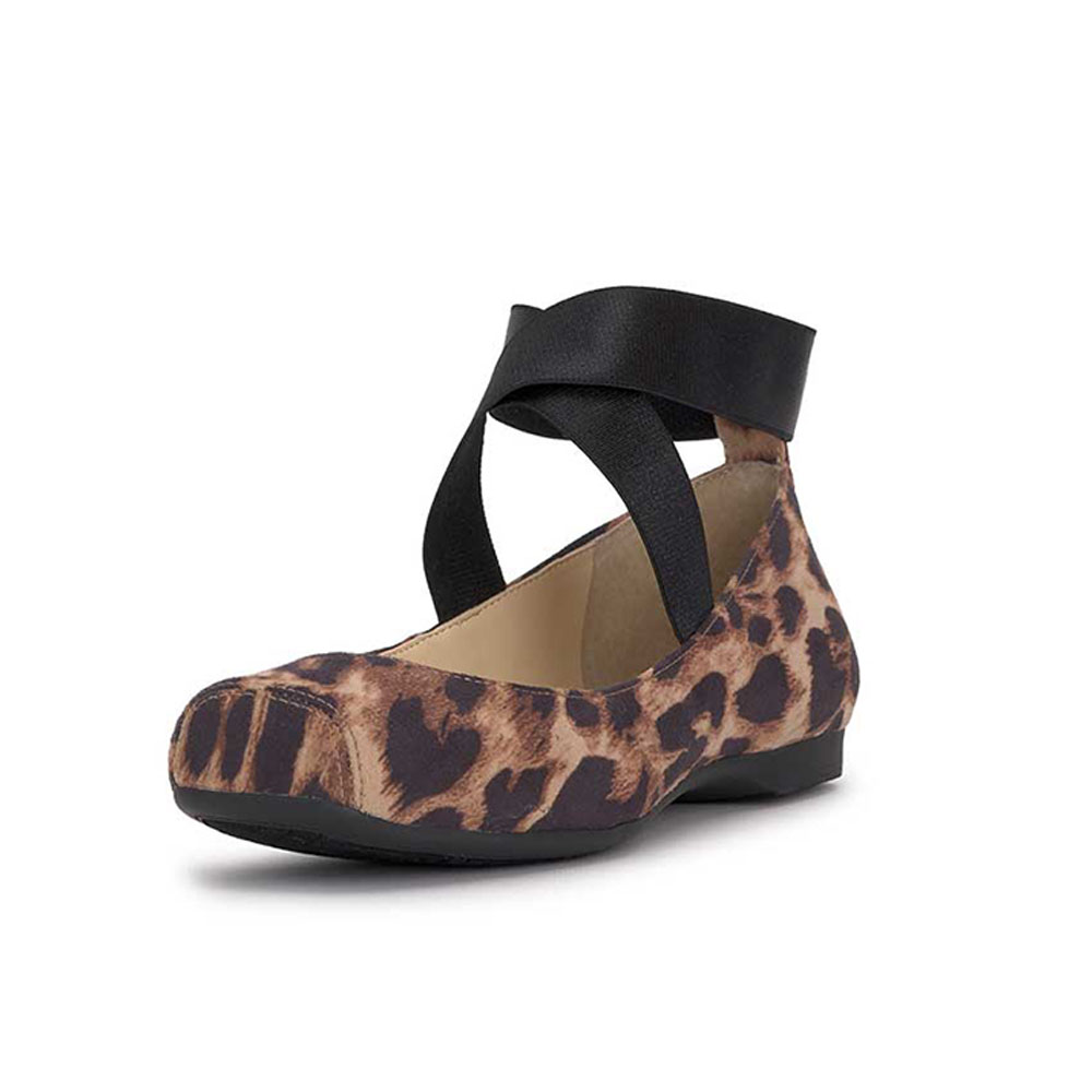 Brown & Black Leopard Print Round Toe Flat Cross Strap Ballet Shoes Nicepairs