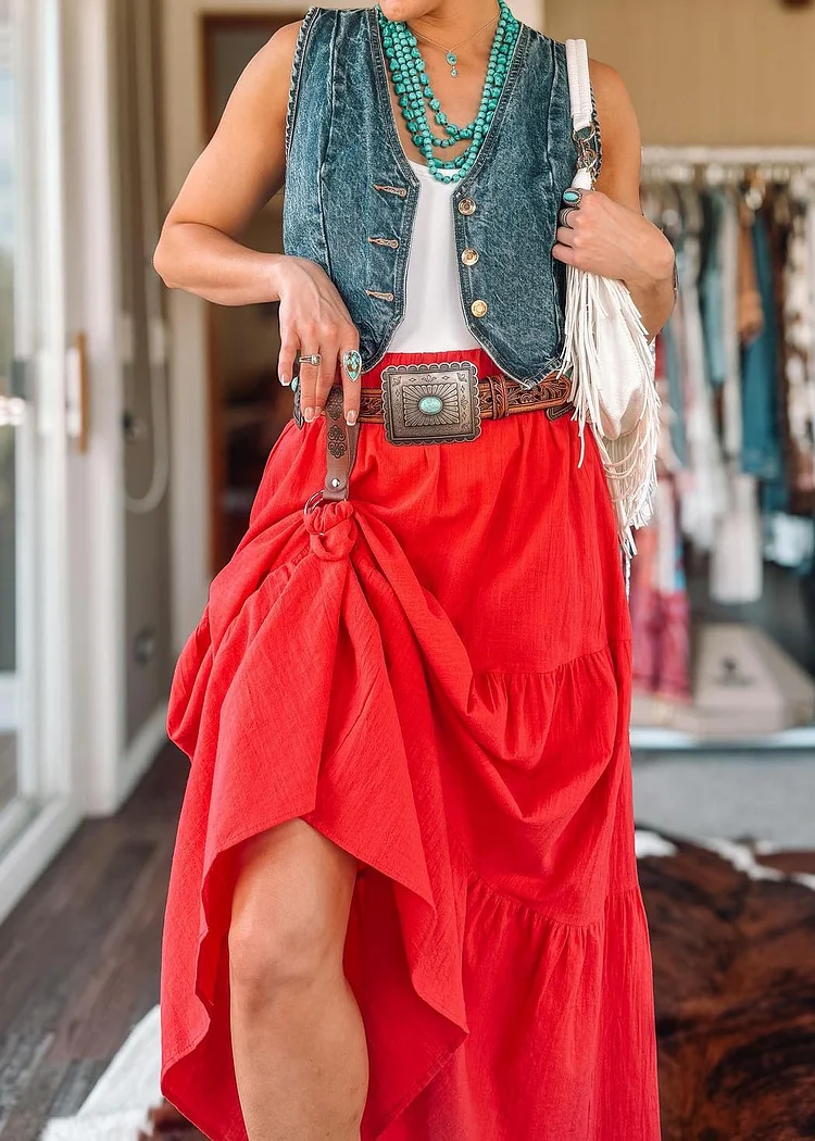 Women's Bohemian Solid Skirt with Pockets