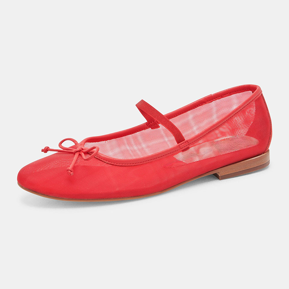 Red Mesh Round Toe Strappy Comfortable Ballet Flats with Bow Nicepairs