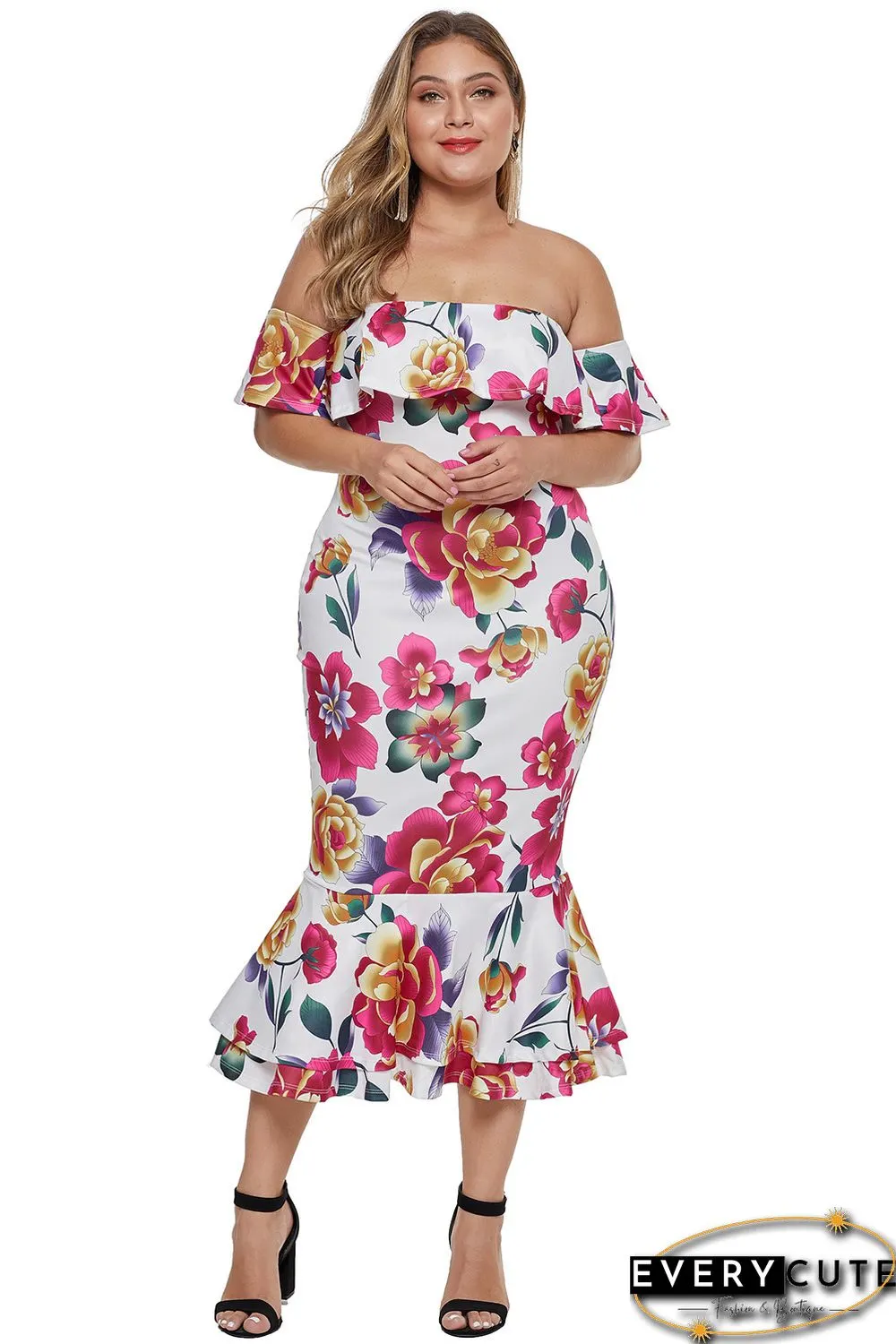 White Off-the-shoulder Floral Mermaid Plus Size Dress