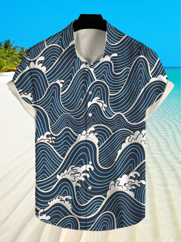 Men's Retro Japanese Style Ocean Wave Line Art   Print Shirt
