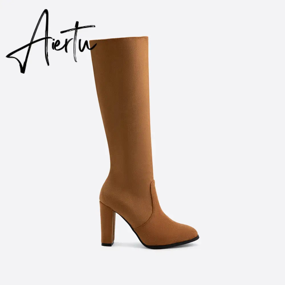 Women Chunky High Heeled Retro Side Zip Below Knees Boots mysite