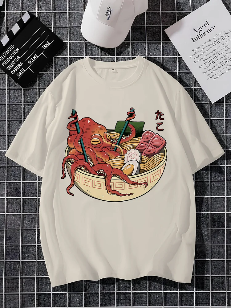Men's Japanese Octopus Ramen Graphic Print Cotton Casual T-Shirt