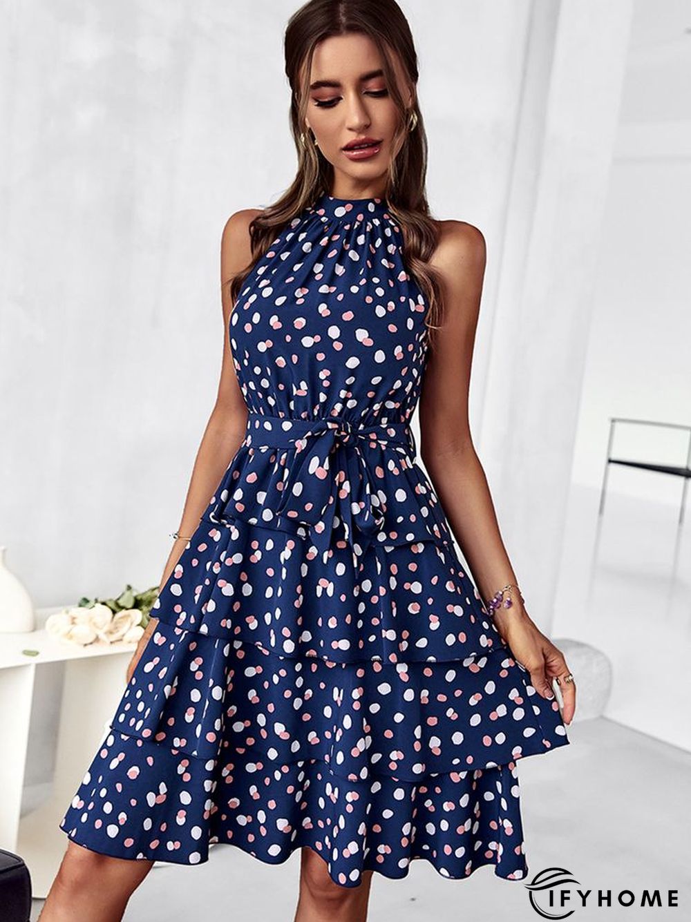 Temperament Casual Polka Dot Cake Dresses Women Summer Halter Neck Sleeveless Lace Up All Match A Line Dress | IFYHOME