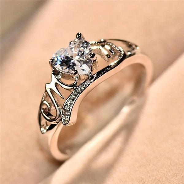 Heart Love Mom 925 Silver White Sapphire Ring Mother's Day Jewelry Gift Size 5-11