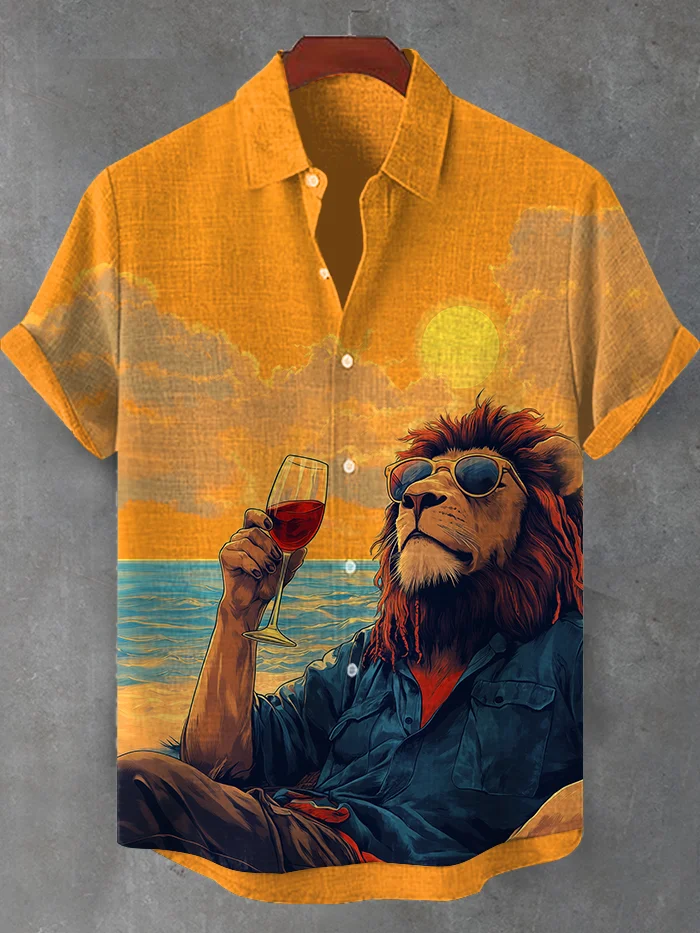 Men's Sunset Cool Lion Red Wine Chilling Art Print Shirt