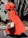 Split-Front Puff Sleeves Maxi Dress