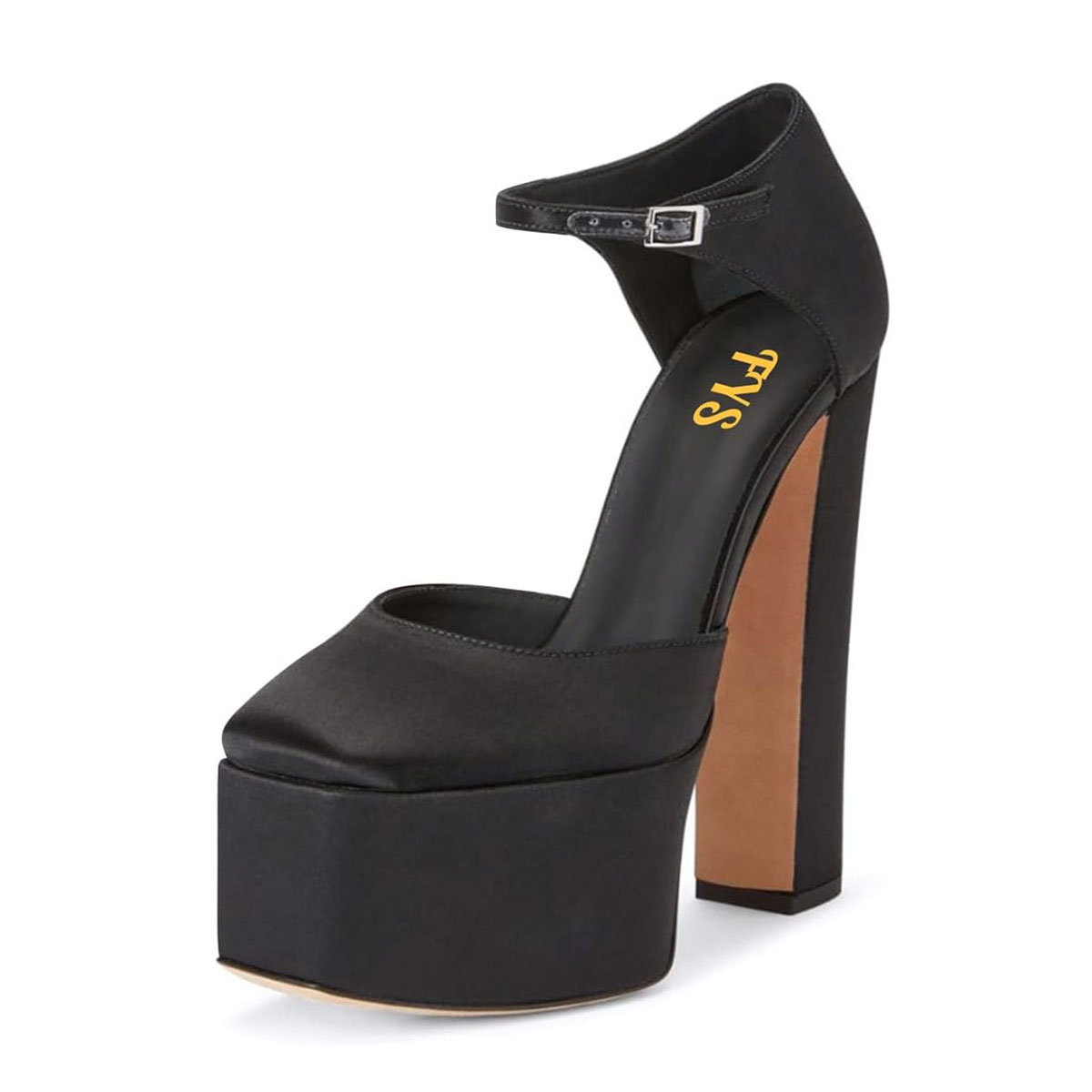 Satin Closed Toe Chunky High Heel Ankle Strap Black Pumps for Women Nicepairs