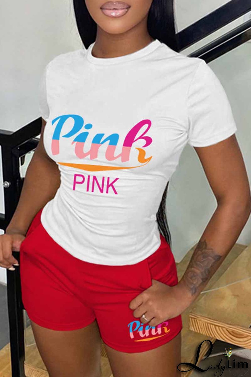 Pink Casual Print Letter O Neck Short Sleeve Two Pieces