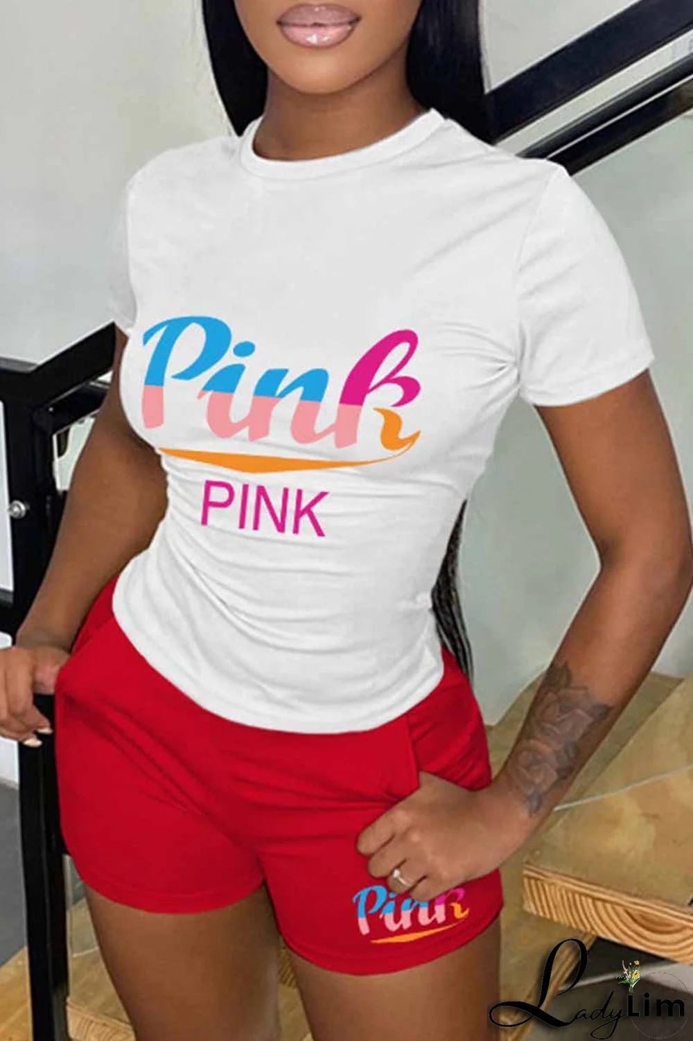 Pink Casual Print Letter O Neck Short Sleeve Two Pieces