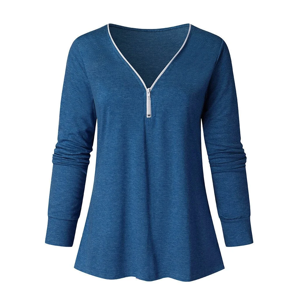 Plus Size Fashion Zipper Blouse Shirt Sexy V-Neck Tops Casual Autumn Winter Tops Ladies Female Women Long Sleeve Blusas Pullover