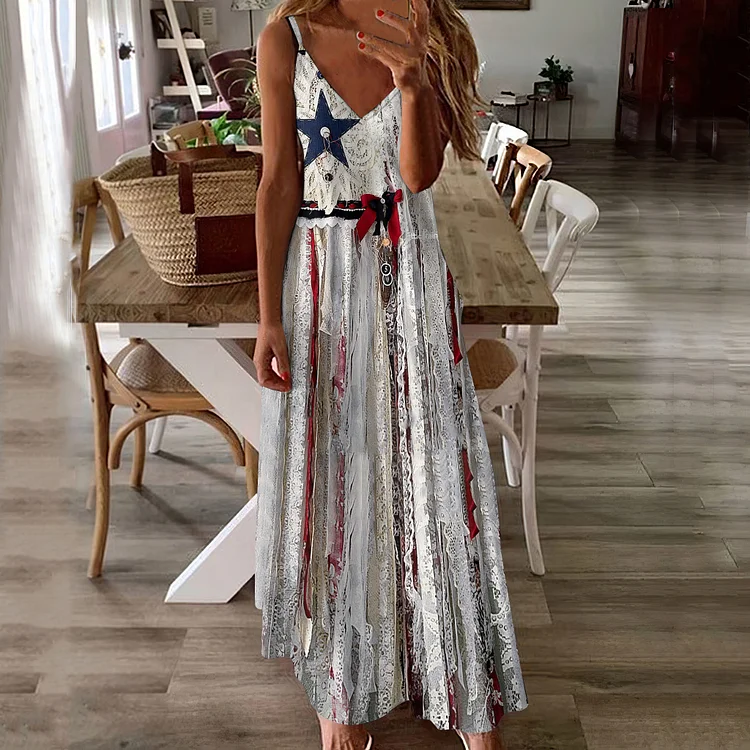 Comstylish Independence Day Western Lace Tassel Print Slip Maxi Dress