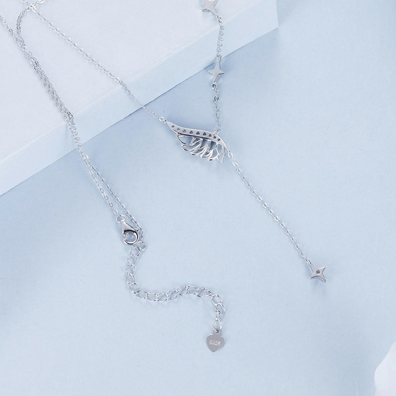 925 Sterling Silver Zircon Cable Chain Plating Feather Pendant Necklace