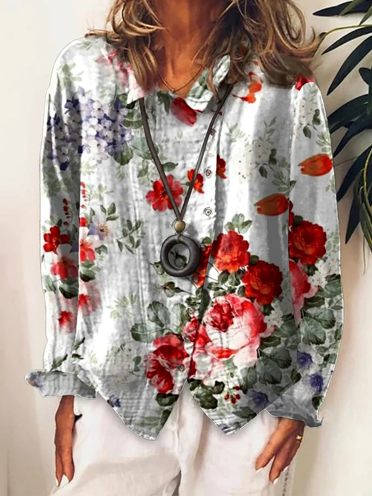 Women's Flower Art Print Cotton & Linen Casual Long Shirt