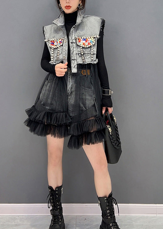 VCSHOES Black Stand Collar Tulle Patchwork Denim Mid Dress Long Sleeve