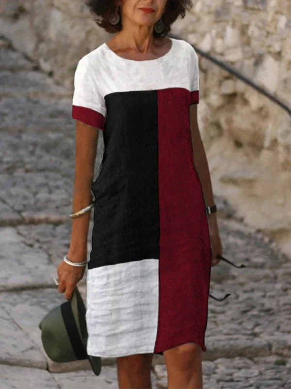 Women's Short Sleeve Scoop Neck Colorblock Printed Midi Dress
