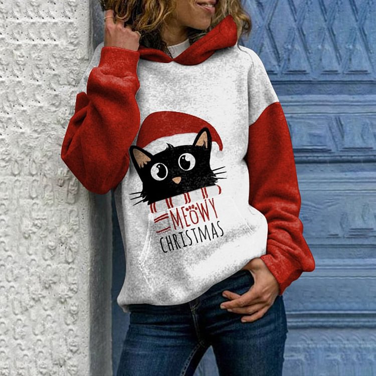 Vefave Casual Meowy Christmas Print Hoodie
