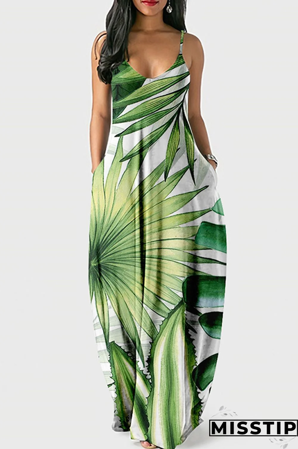 Light Green Sexy Casual Print Backless Spaghetti Strap Long Dress Dresses