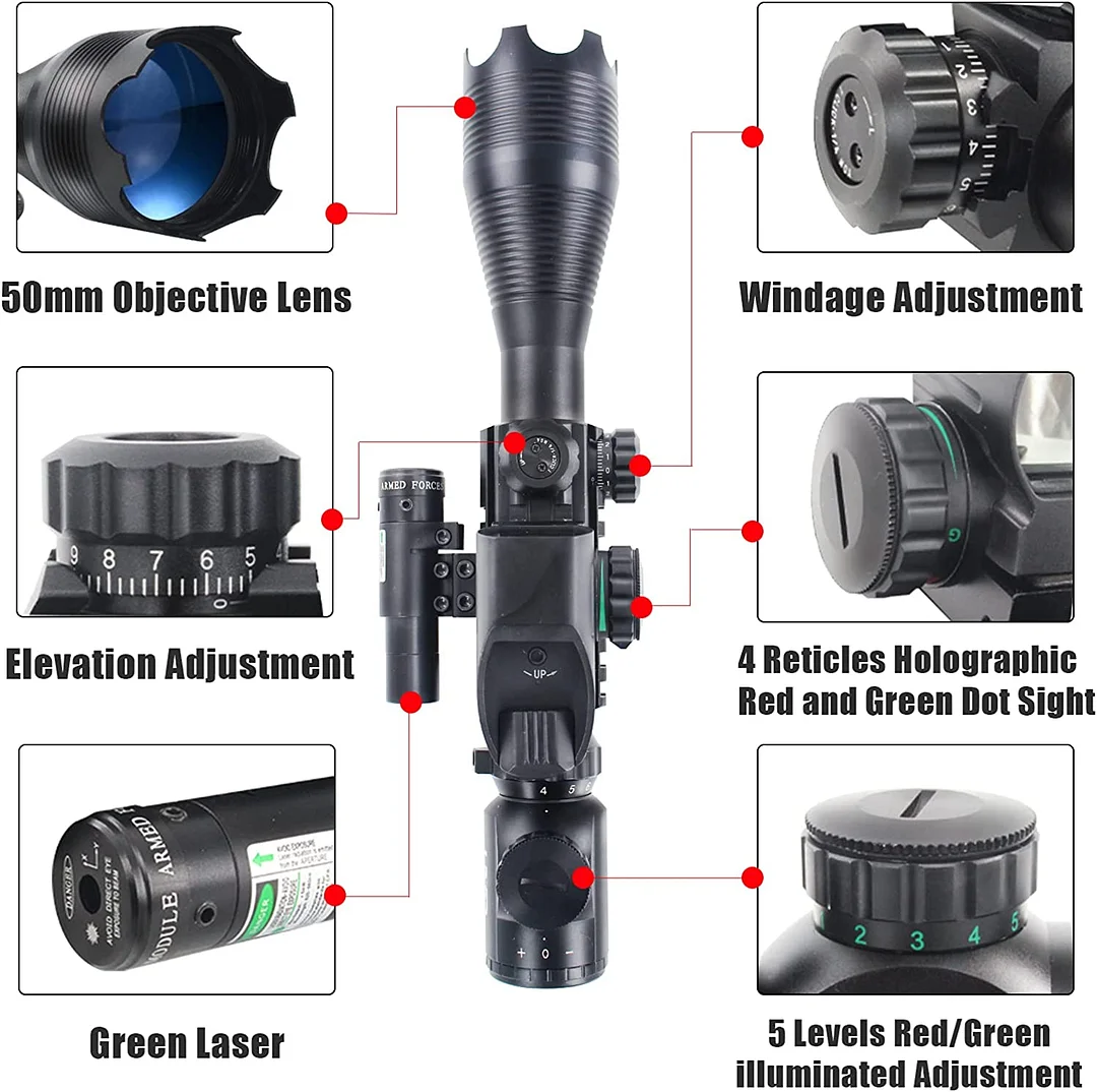 ohhunt® 4-16x50 Tactical Rifle Scope Red/Green Illuminated Range Finder Reticle W/Laser Sight and Holographic Reflex Dot Sight