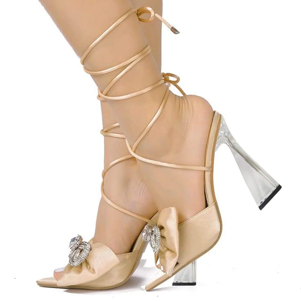 Beige Satin Opened Pointed Toe Rhinestone Bow Lace Up Strappy Sandals With Decorative Heels Nicepairs