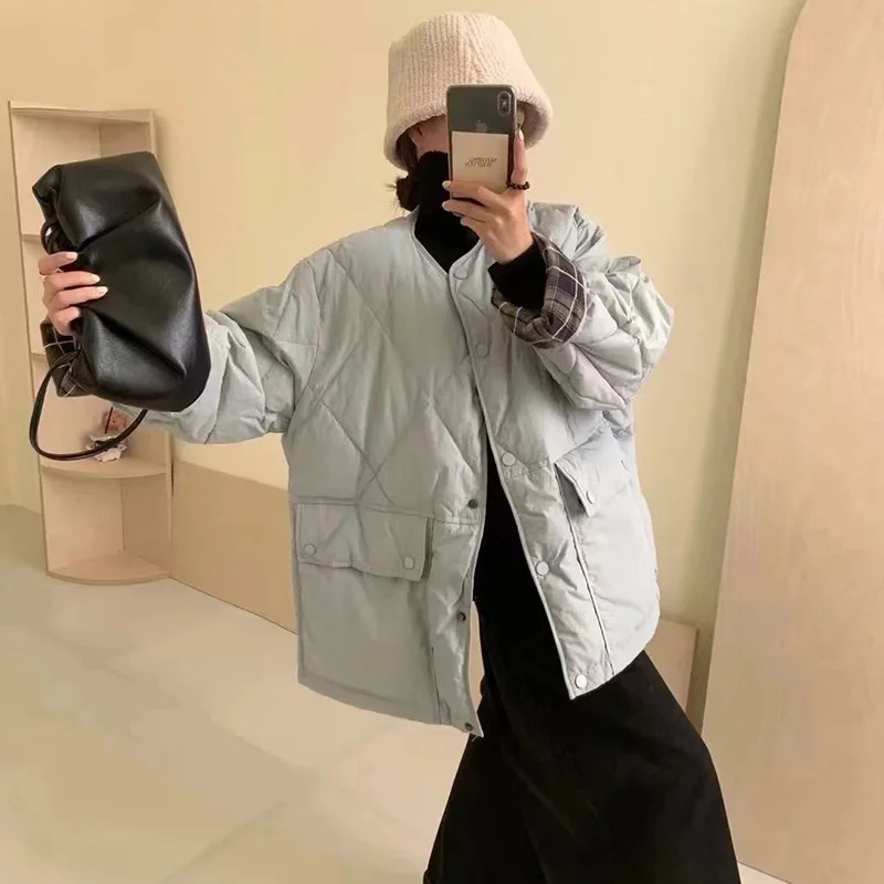 Woherb Down Jacket Short Style 2024 Winter Sweet Round Collar Grid Stitching Light Small Diamond Bread Coat Tide-Outfit Ideas