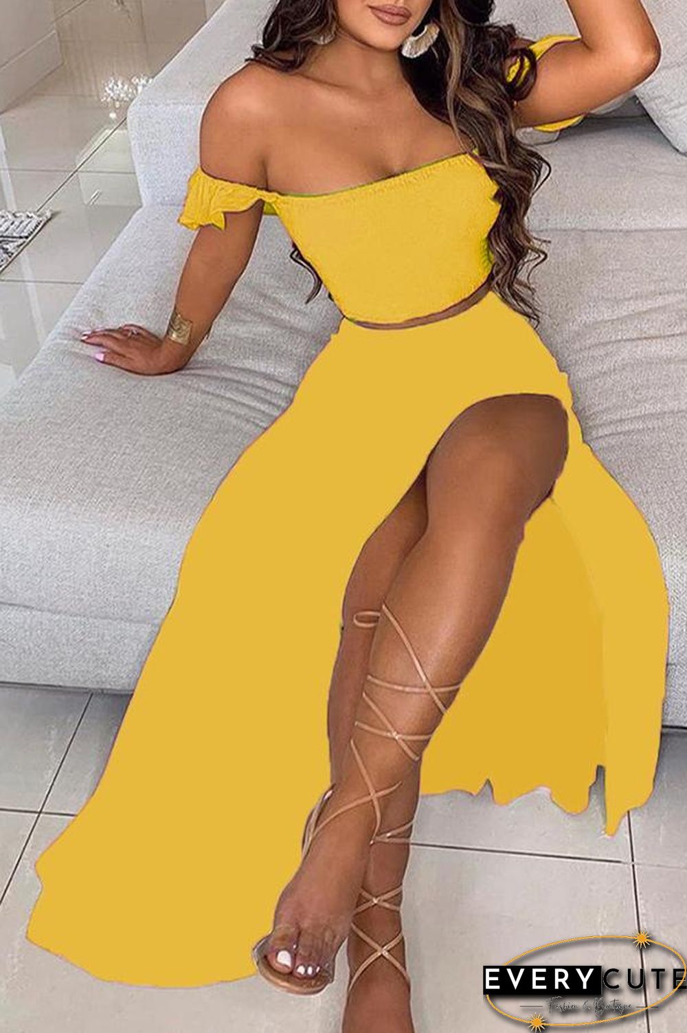 Off Shoulder Ombre Colorblock Top & High Slit Maxi Skirt Sets P13628