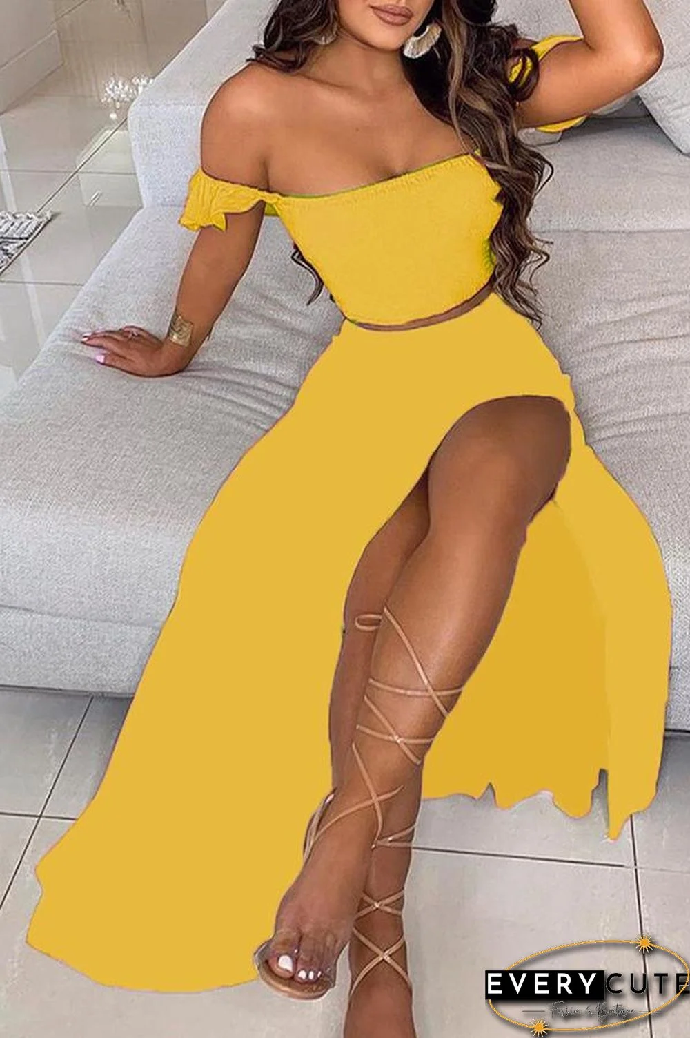 Off Shoulder Ombre Colorblock Top & High Slit Maxi Skirt Sets P13628