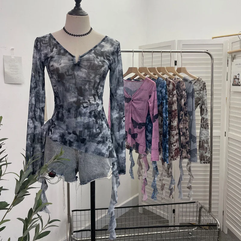 Churchf Dizziness Printing Mesh T-Shirt T-Shirt Irregular Lotus Leaf Side Ribbon Short Coat 9927