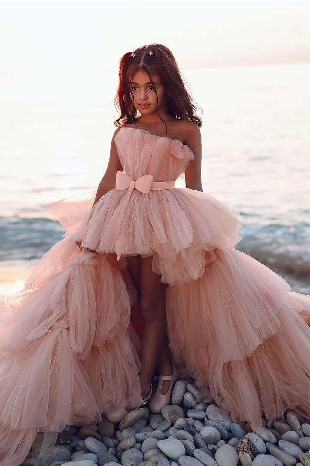 Bellasprom Strapless Pink Tulle Flower Girl Dress Hi-Lo Layers