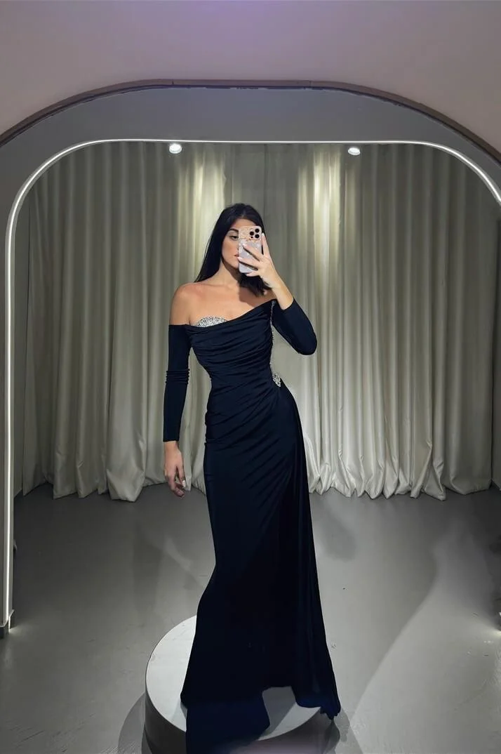 Miabel Stunning Black Satin Off the Shoulder Slim Long Sleeves Prom Dress with Beadings 