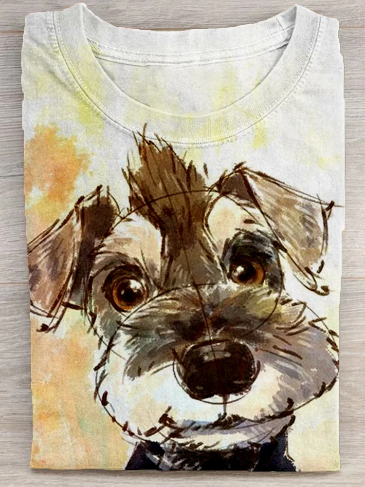 Cute Schnauzer Art Crew Neck Comfy T Shirt